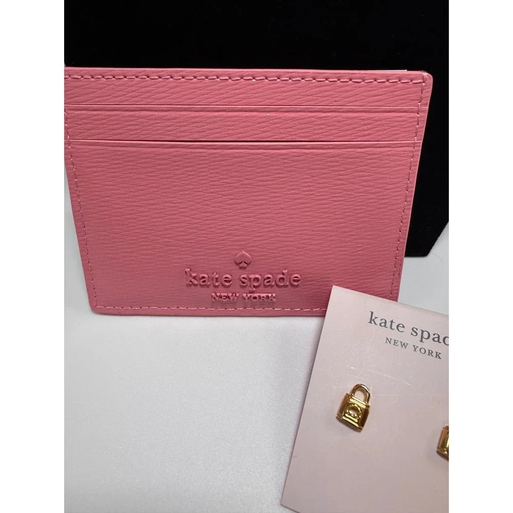 Kate Spade Pink Floral Card Holder & Gold Lock Stud Earrings Set KN759 K6448 NEW